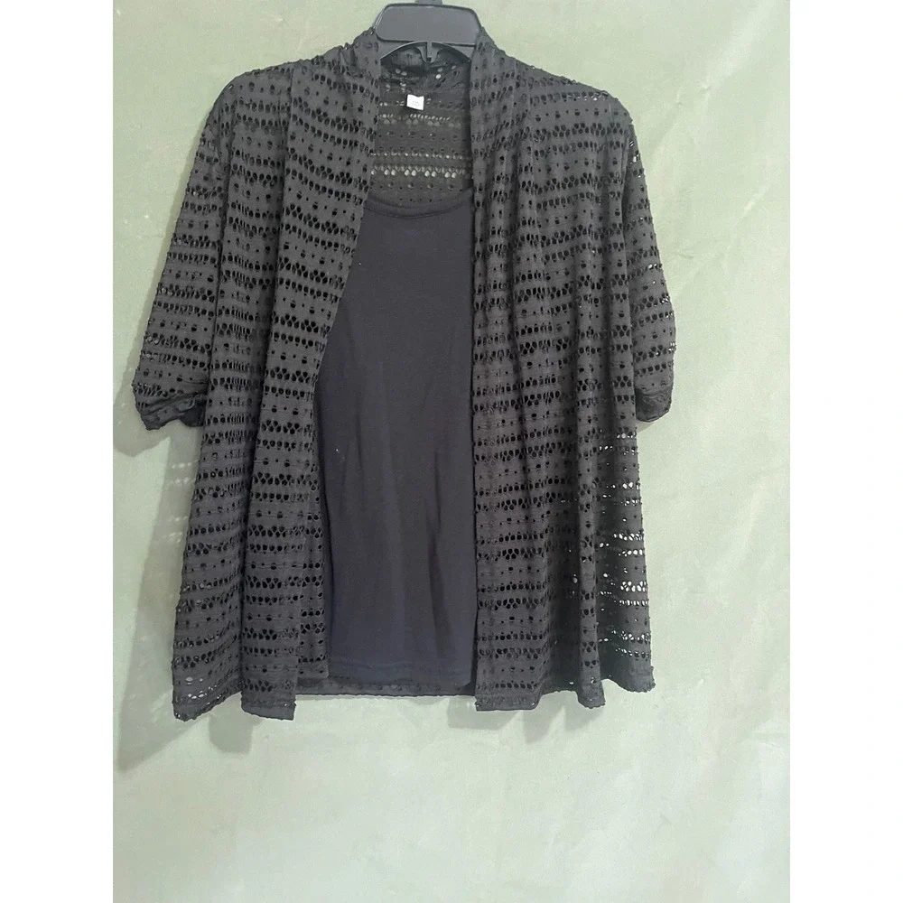 Kim Rogers Womens Black Eyelet Lace Cardigan and Tank Set Petite Medium PM